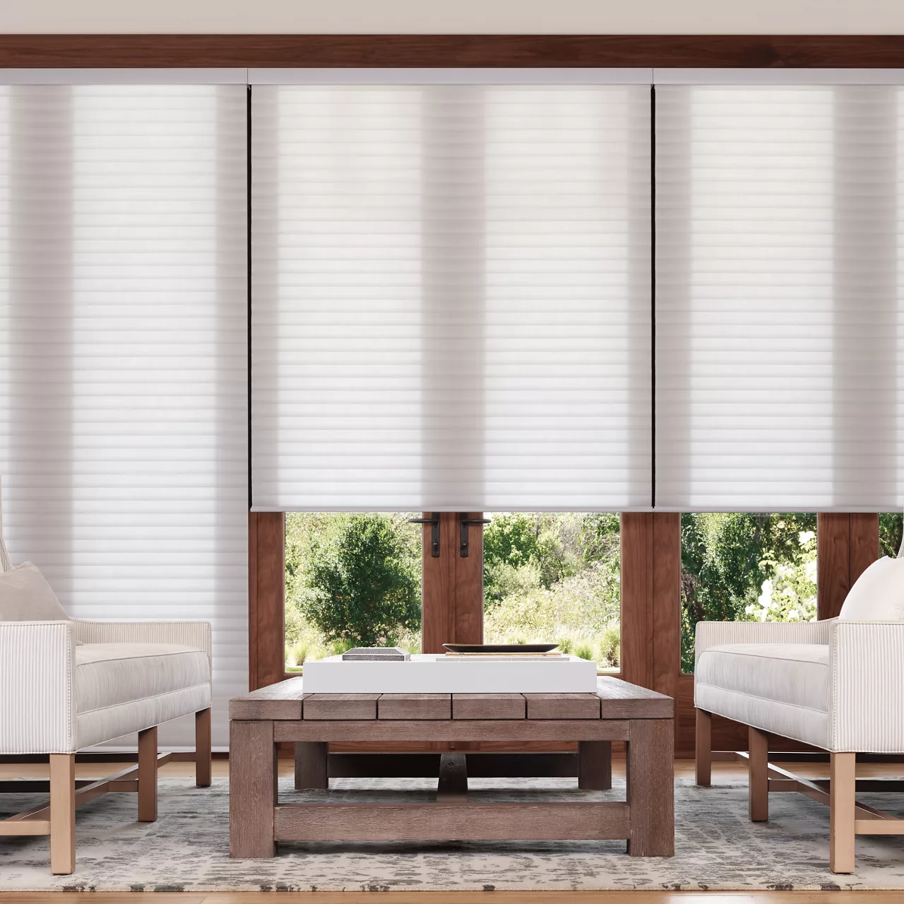 Hunter Douglas cellular shades providing energy efficiency and light control in modern living room