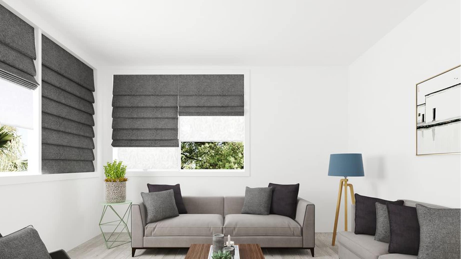Norman Roman Shade with light gray sofa