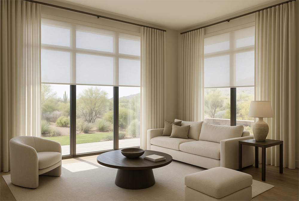 How Custom Drapery and Shades Transform High-End Interiors in Scottsdale 1 Layered sheer roller shades