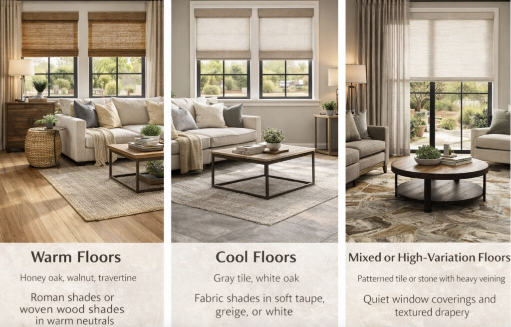 Three side-by-side living rooms showing window treatments paired with warm wood floors, cool gray tile floors, and patterned stone flooring.